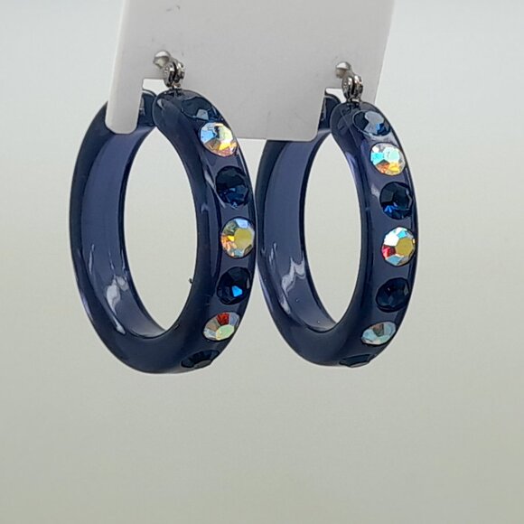 Navy blue Lucite Acrylic wide 1.5 Hoop navy blue & clear ab Fashion Earrings - Picture 2 of 4